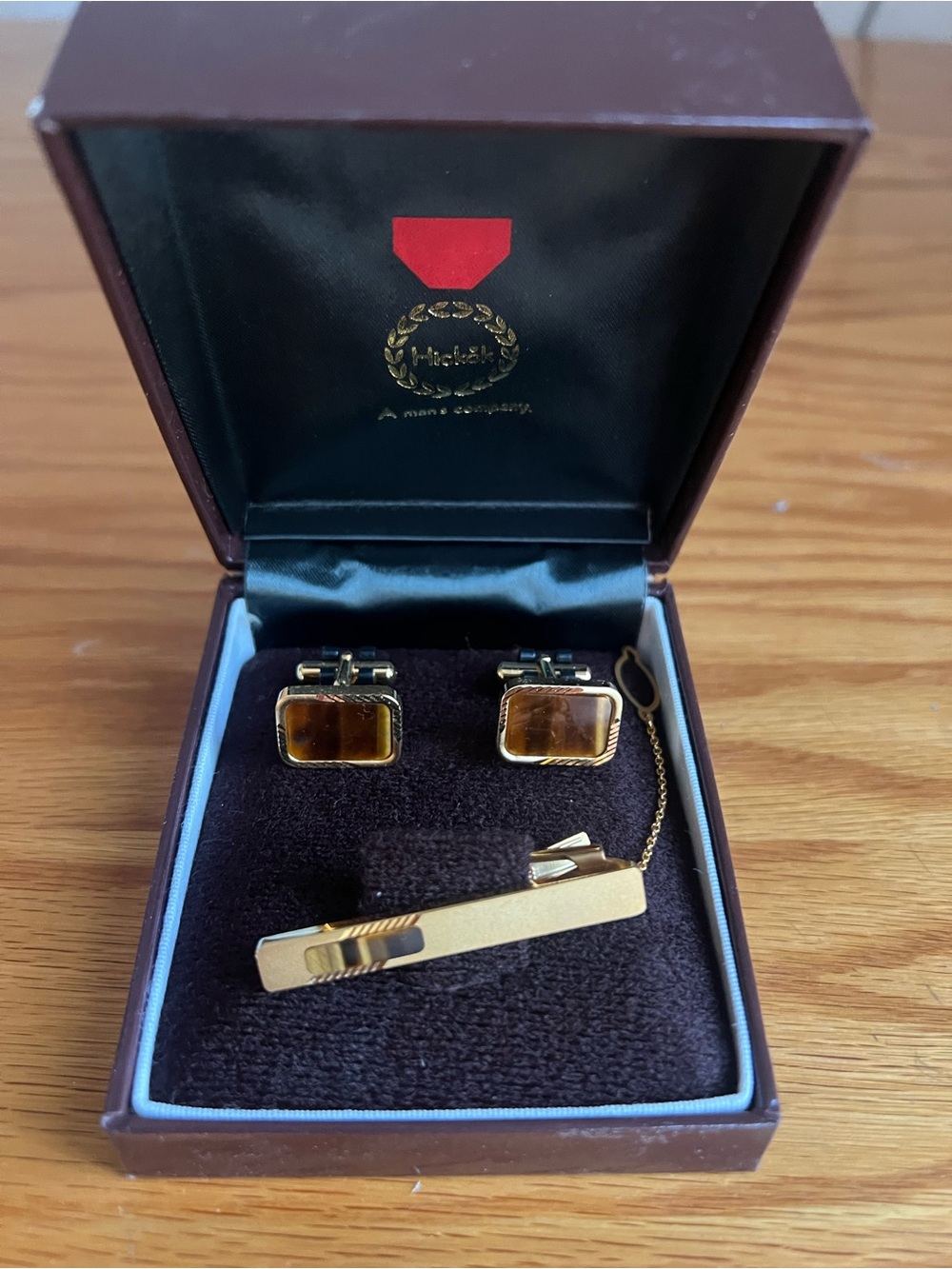 Gold-Tone Cufflinks and Tie Bar Set with Amber Stones